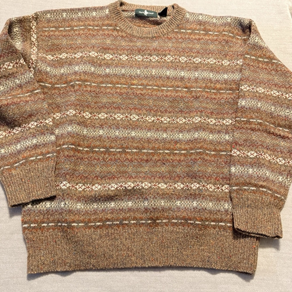 Vintage Hunt Club Wool Blend Fair Isle Sweater Mens L Brown Donegal Crewneck